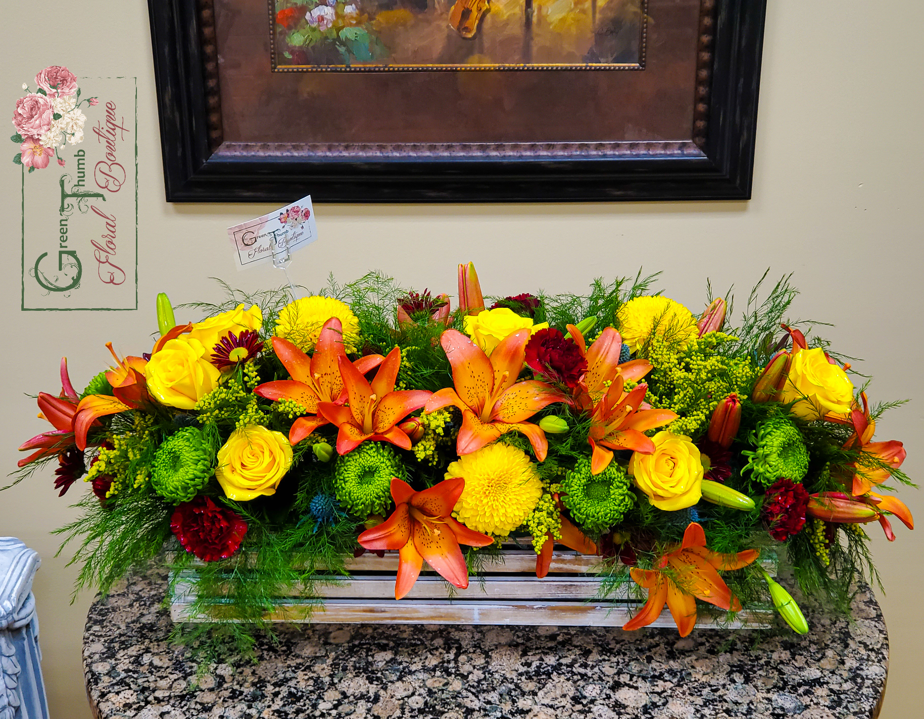 Fall Centerpiece in Wood Box - Royal Fleur Florist